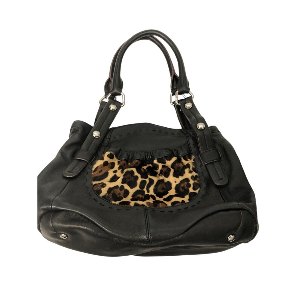 B Makowsky Soft Leather Black Front Leopard Calfhair Print Pocket Purse Hobo Bag